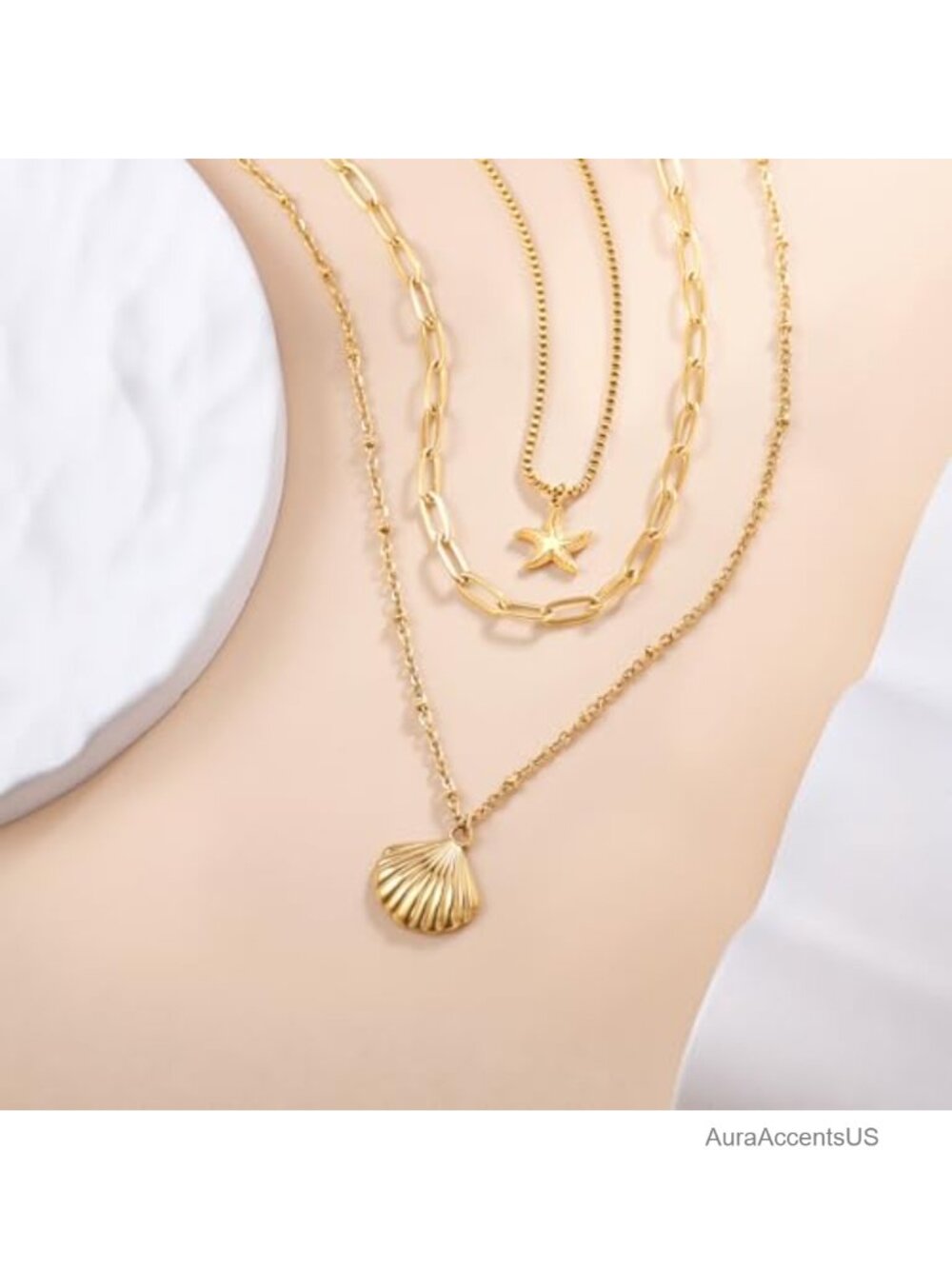 14k Gold Plated Starfish & Seashell Layered Necklace Set, Adjustable Chain, Non - Picture 2 of 6